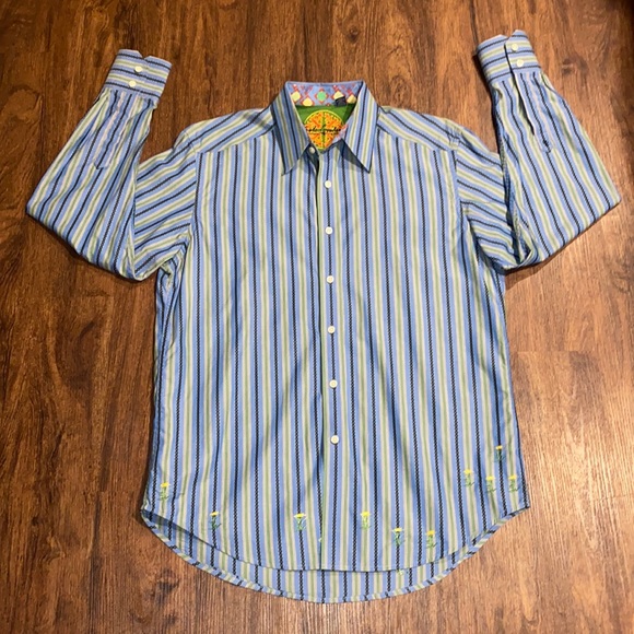 Robert Graham Long Sleeve Blue/Green Pinstriped Embroidered Flower Shirt-Sz M - Picture 1 of 13